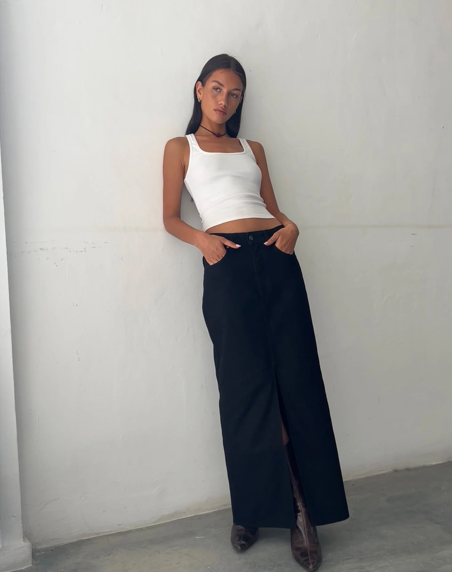 Low Rise Denim Maxi Skirt in Rinse Black - Image 4