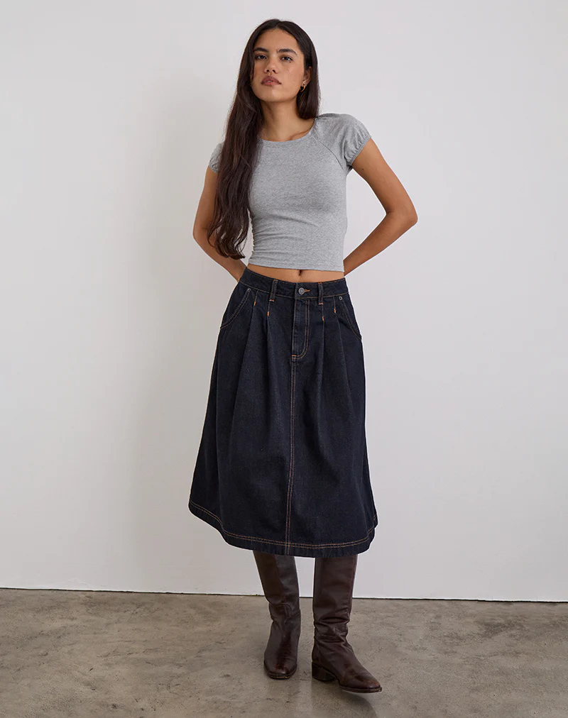 Pleated Midi Denim Skirt in Indigo - Image 2
