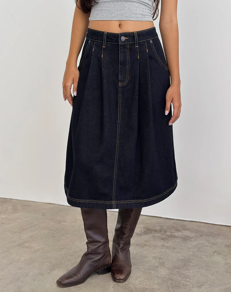 Pleated Midi Denim Skirt in Indigo - Image 4