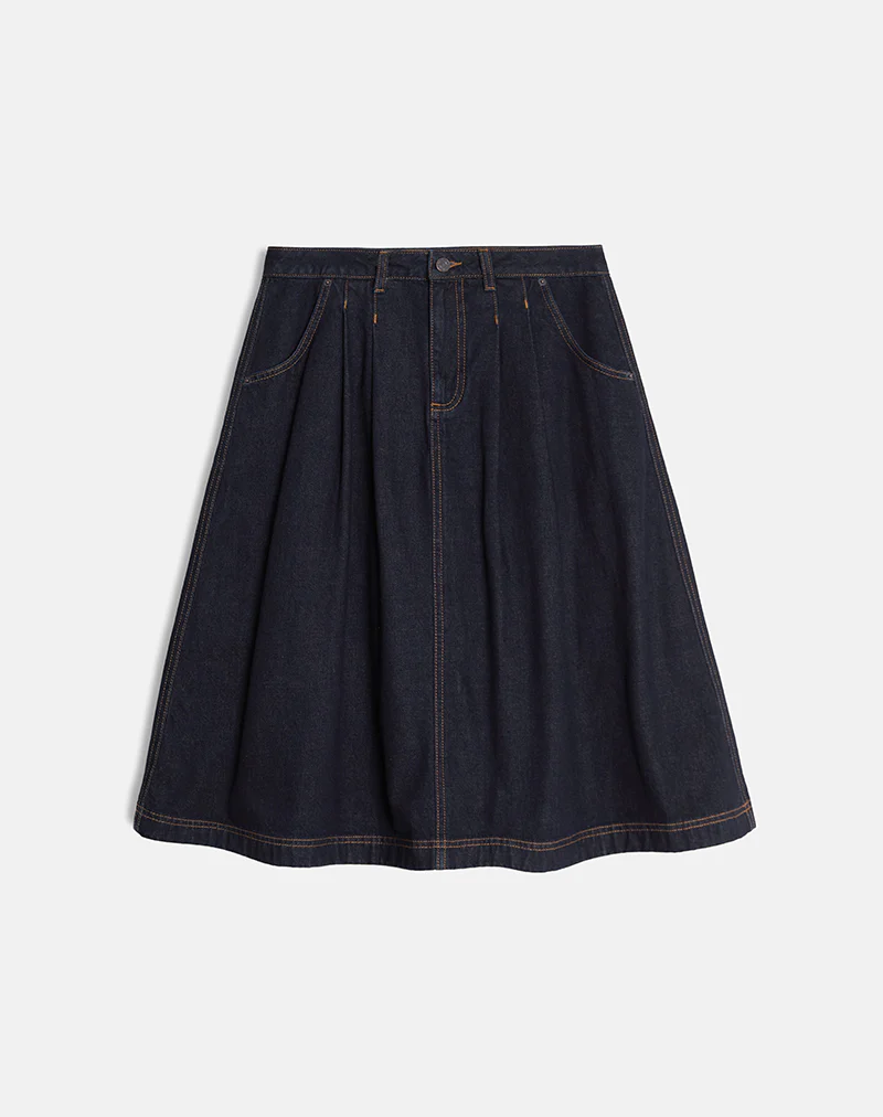Pleated Midi Denim Skirt in Indigo - Image 5