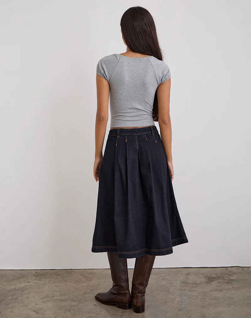 Pleated Midi Denim Skirt in Indigo - Image 6