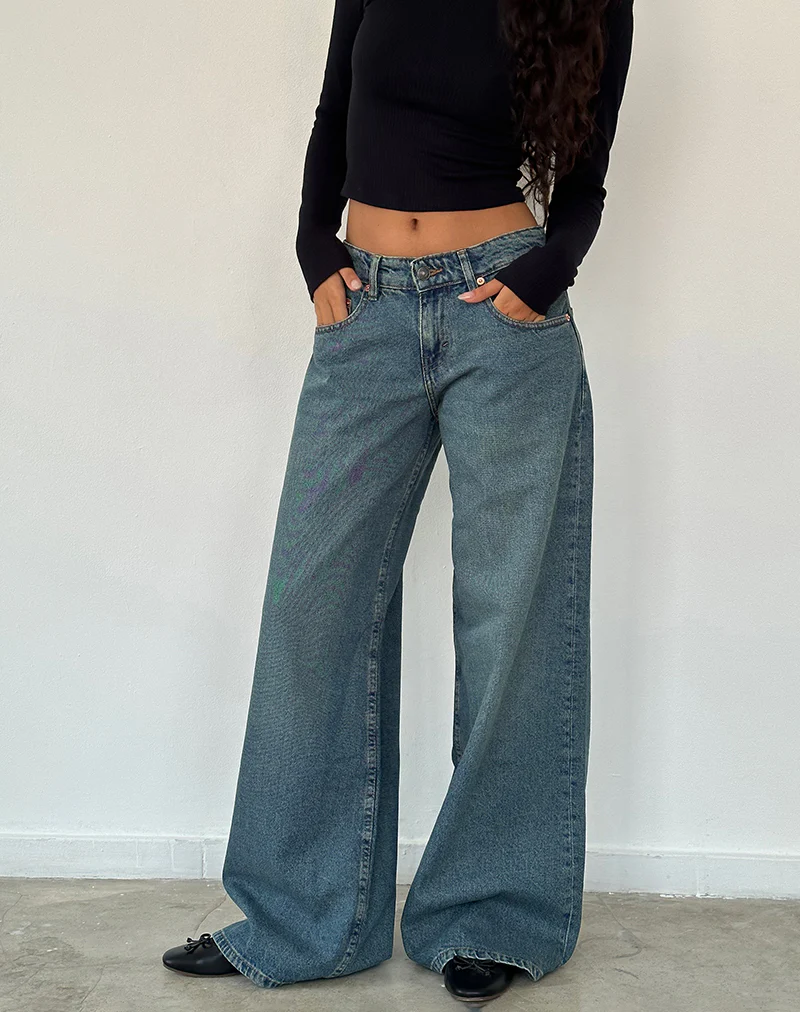 Roomy Oversized Low Rise Jeans in Vintage Blue Green - Image 2