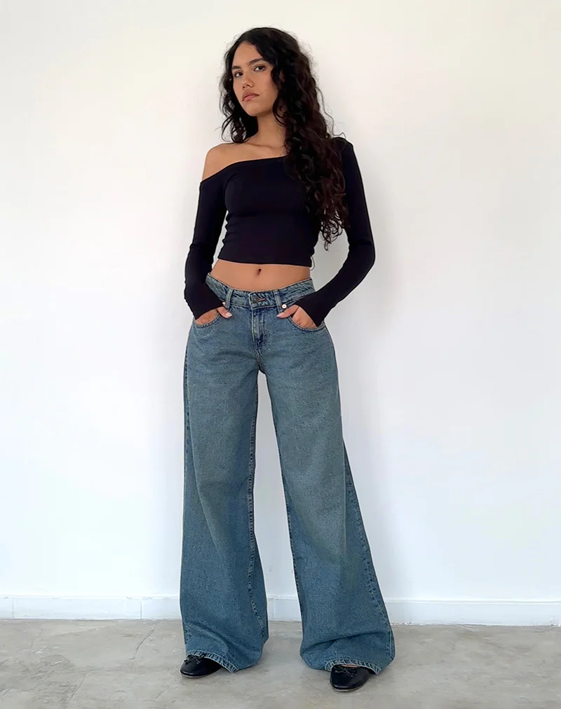 Roomy Oversized Low Rise Jeans in Vintage Blue Green - Image 4