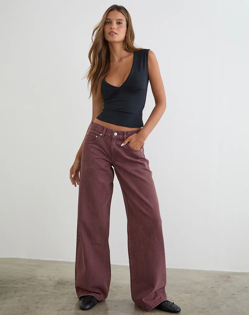 Low Rise Roomy Jeans in Burgundy - Image 2