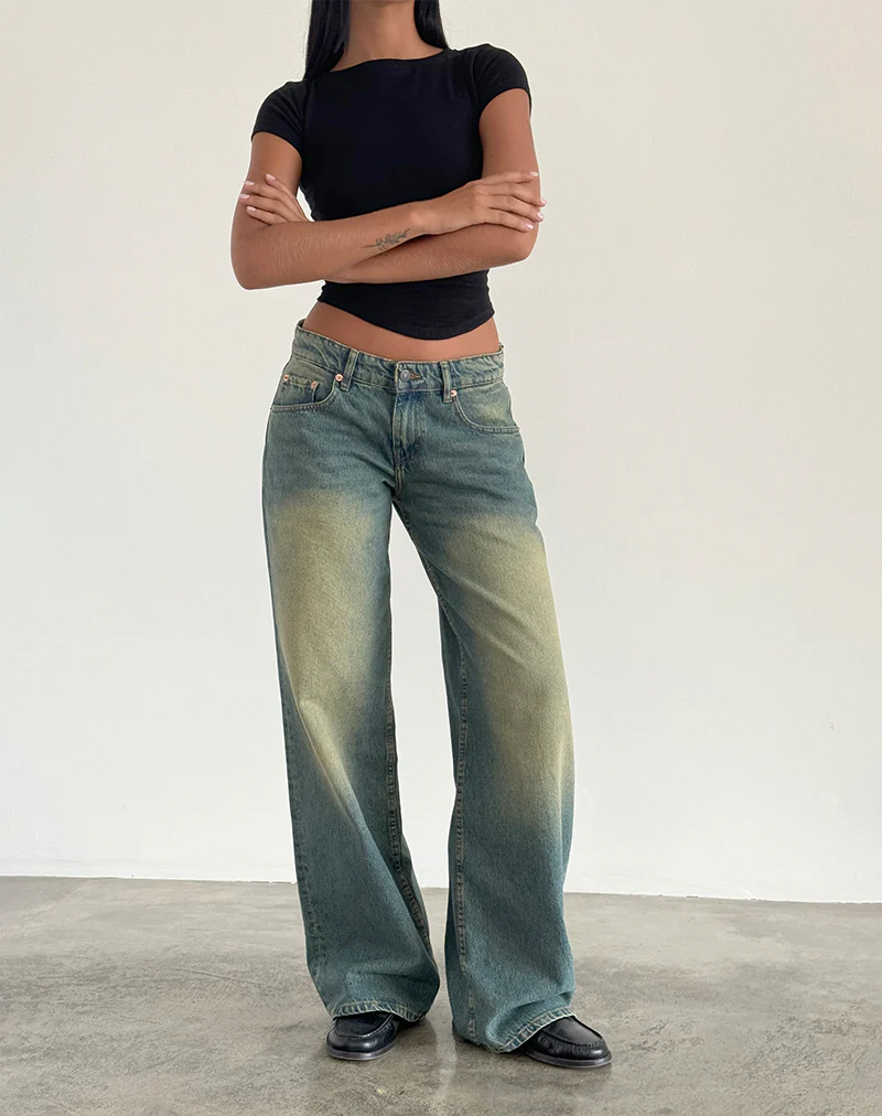 Roomy Extra Wide Low Rise Jeans in Mid Used Green - Image 3