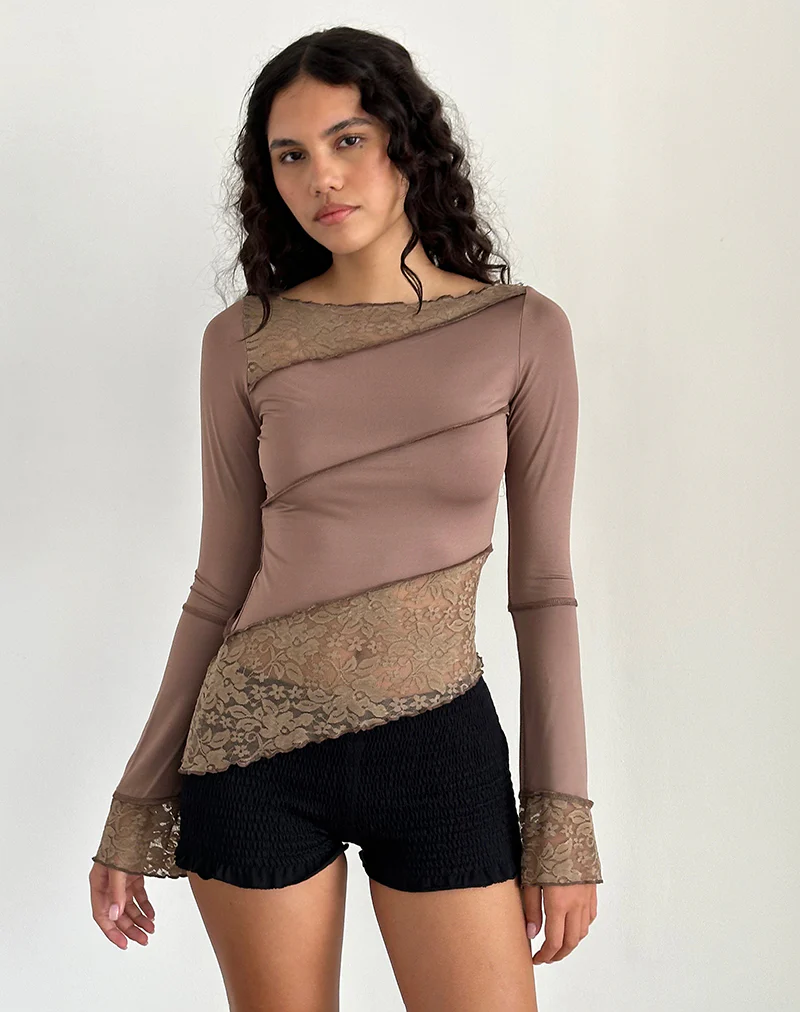 Lucca Long Sleeve Top in Slinky Lace Mocha - Image 2