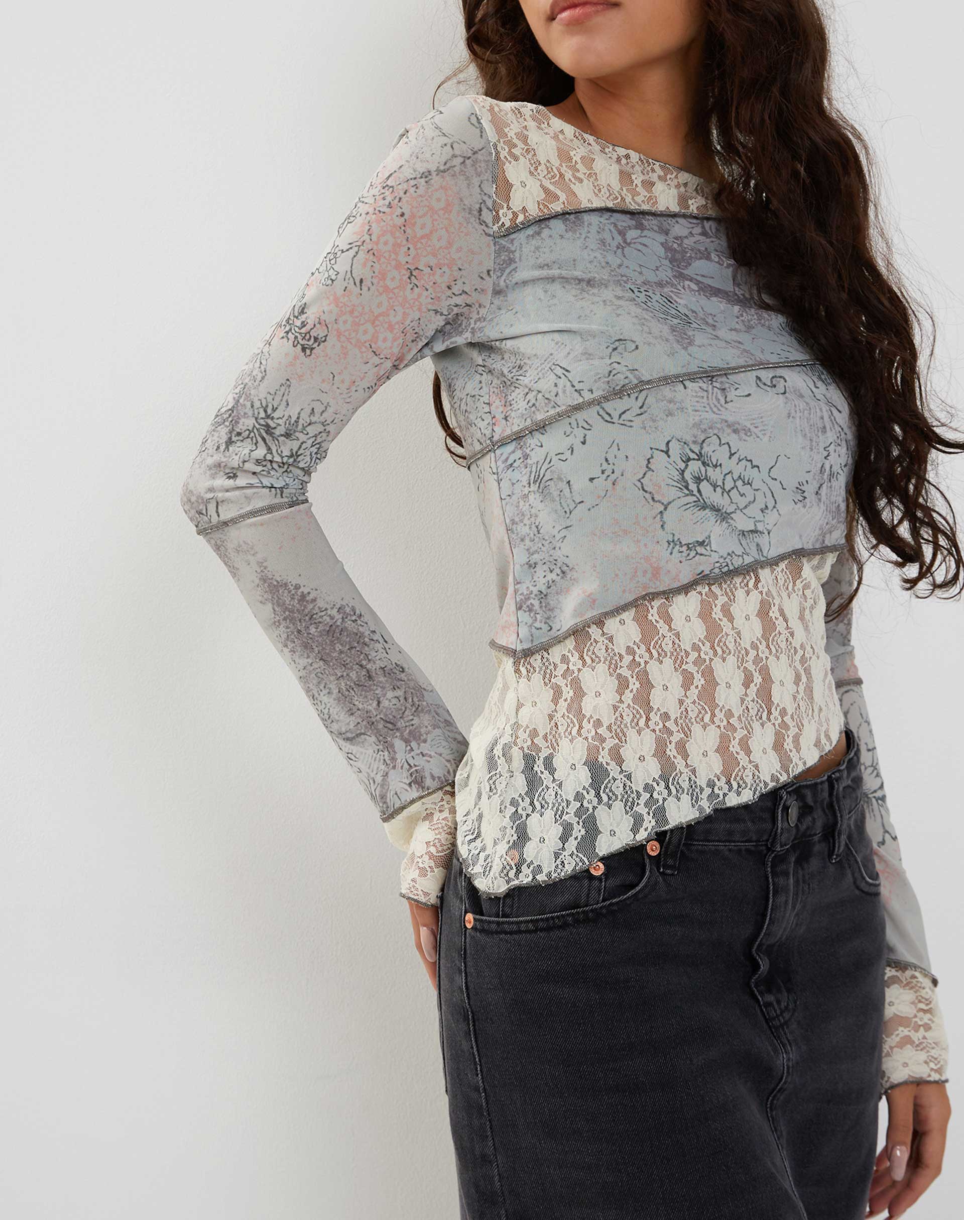 Lucca Long Sleeve Top in Lace Pastel Floral - Image 2