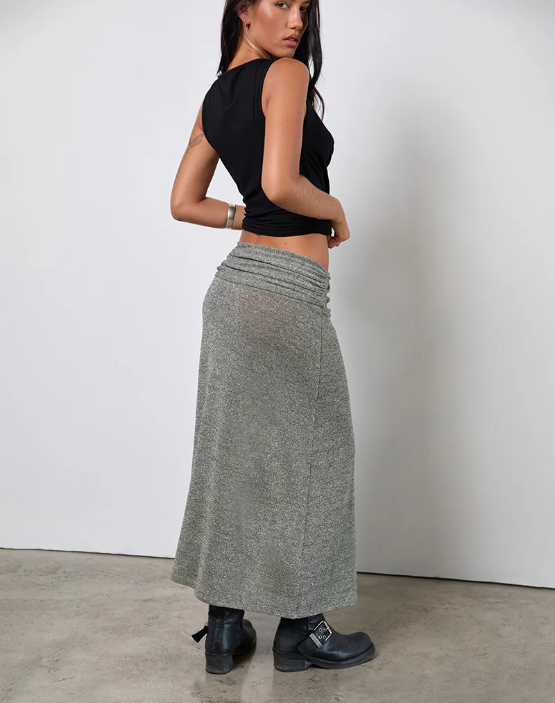 Luciara Midi Skirt in Glitter Knit Khaki - Image 2