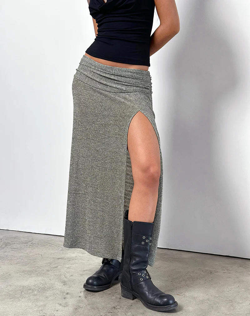Luciara Midi Skirt in Glitter Knit Khaki - Image 4