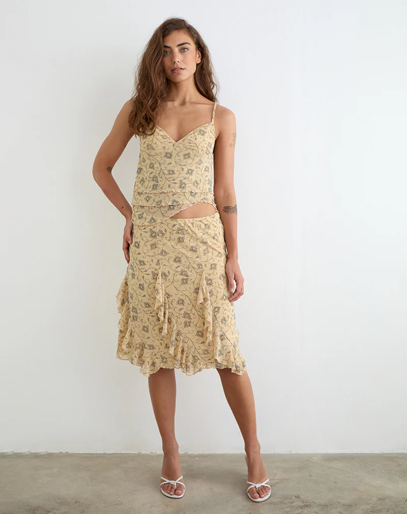 Luisa Midi Skirt in Winding Ivy Pale Yellow - Image 2