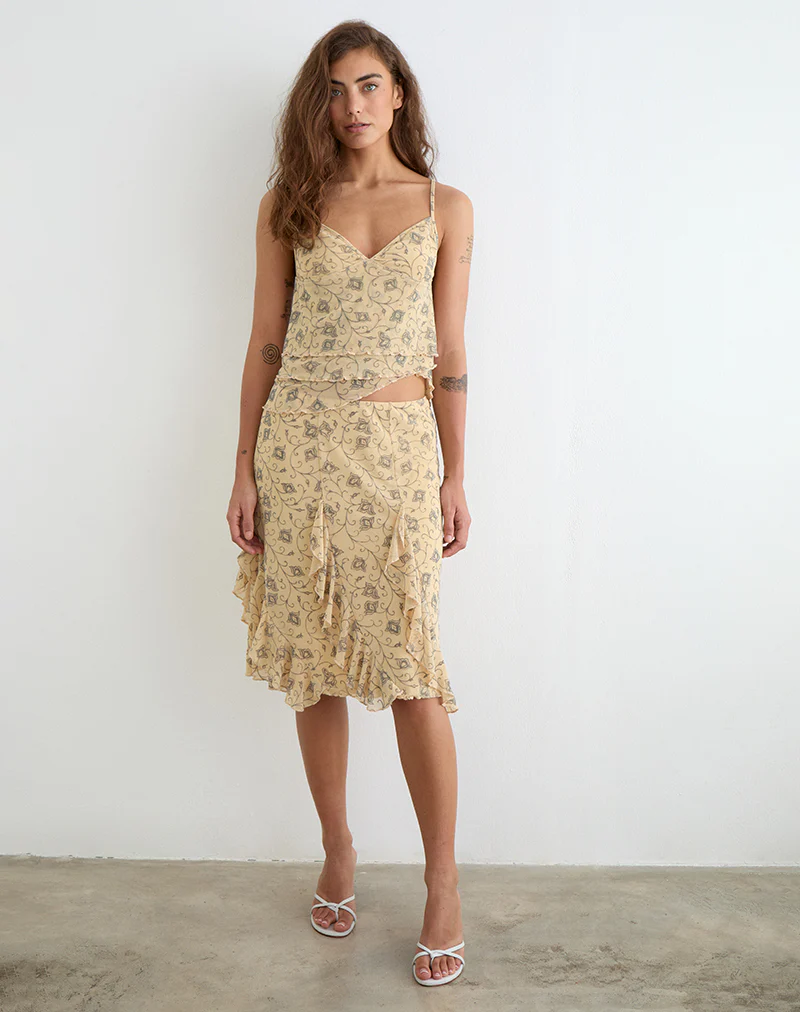Luisa Midi Skirt in Winding Ivy Pale Yellow - Image 3