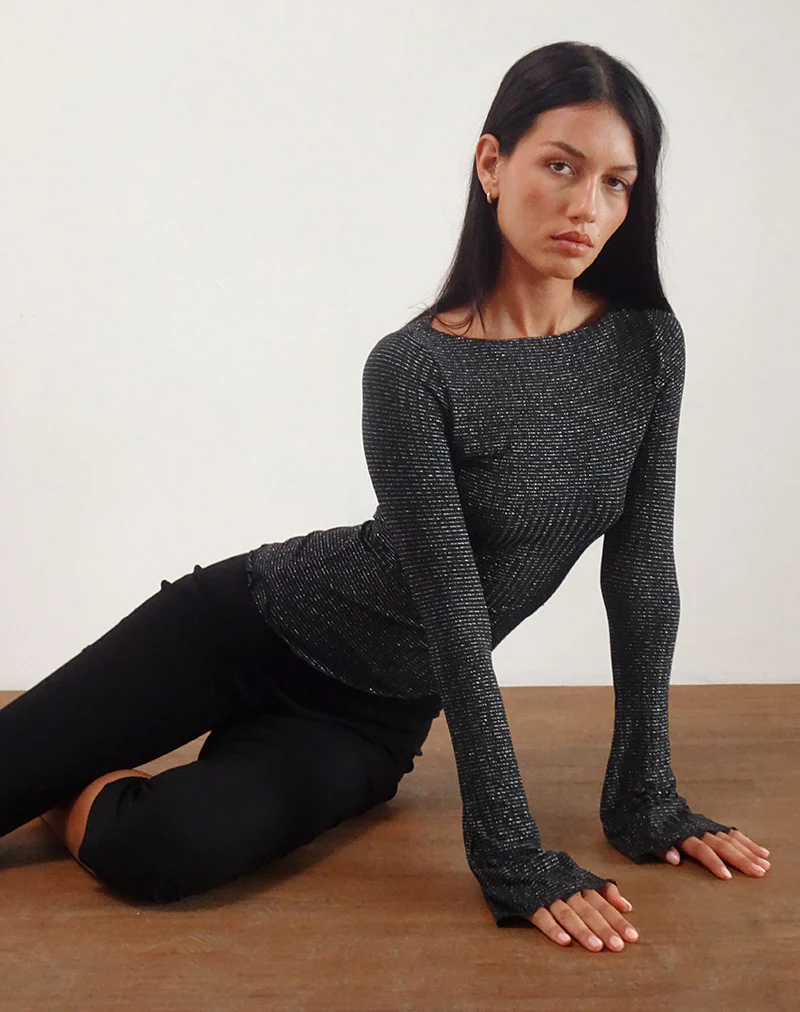 Lukia Long Sleeve Top in Metallic Stripe Jersey Black - Image 3
