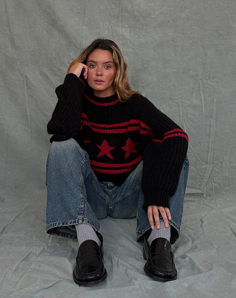 Lulees Oversized Jumper in Black with Red Star and Stripes - Image 2