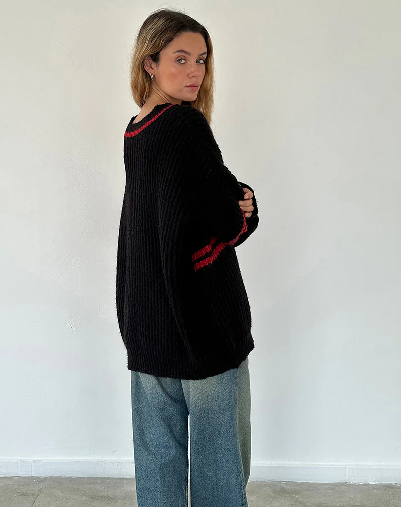 Lulees Oversized Jumper in Black with Red Star and Stripes - Image 4