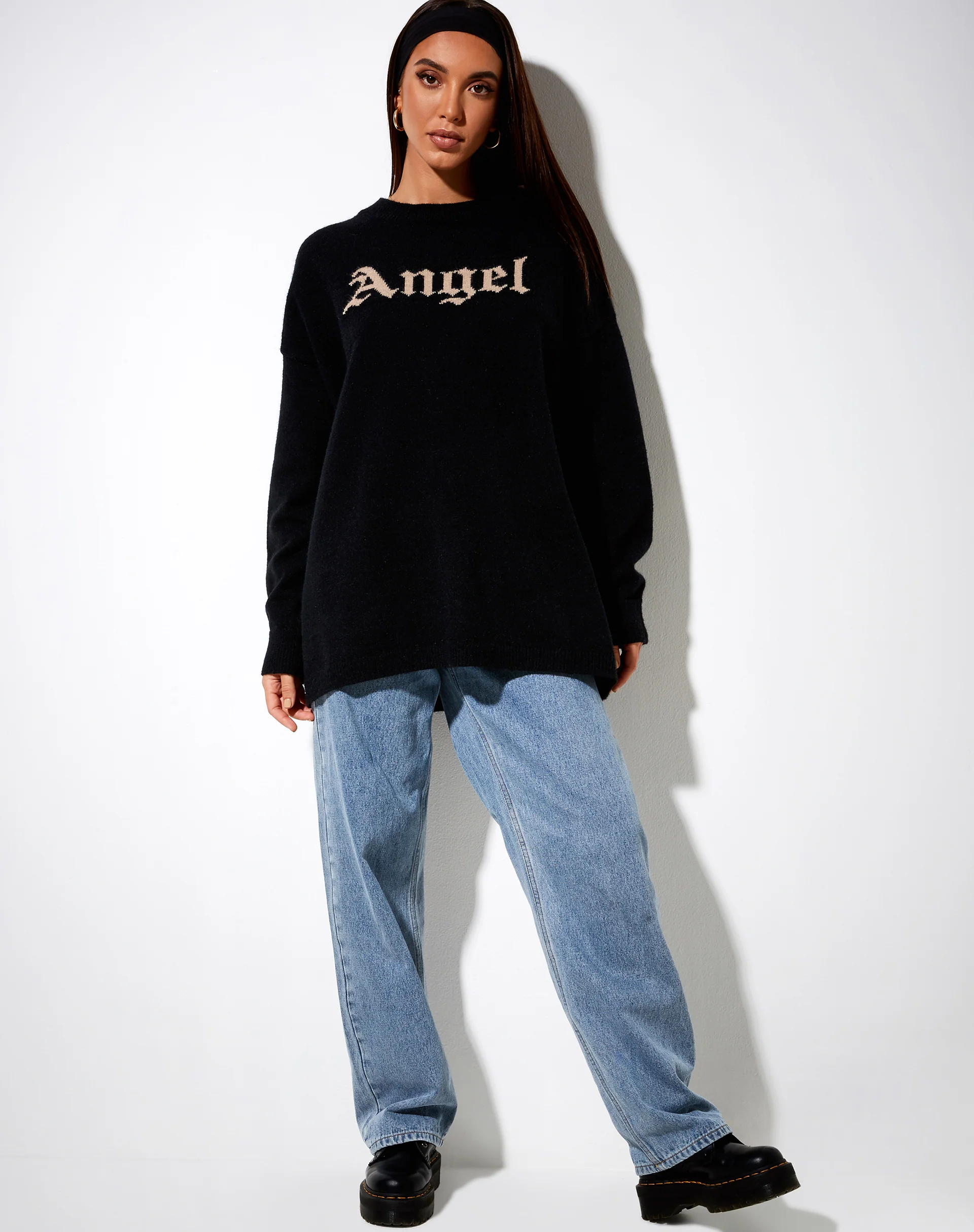 Lulees Jumper in Knit Black with 'Angel' in Cream - Image 3
