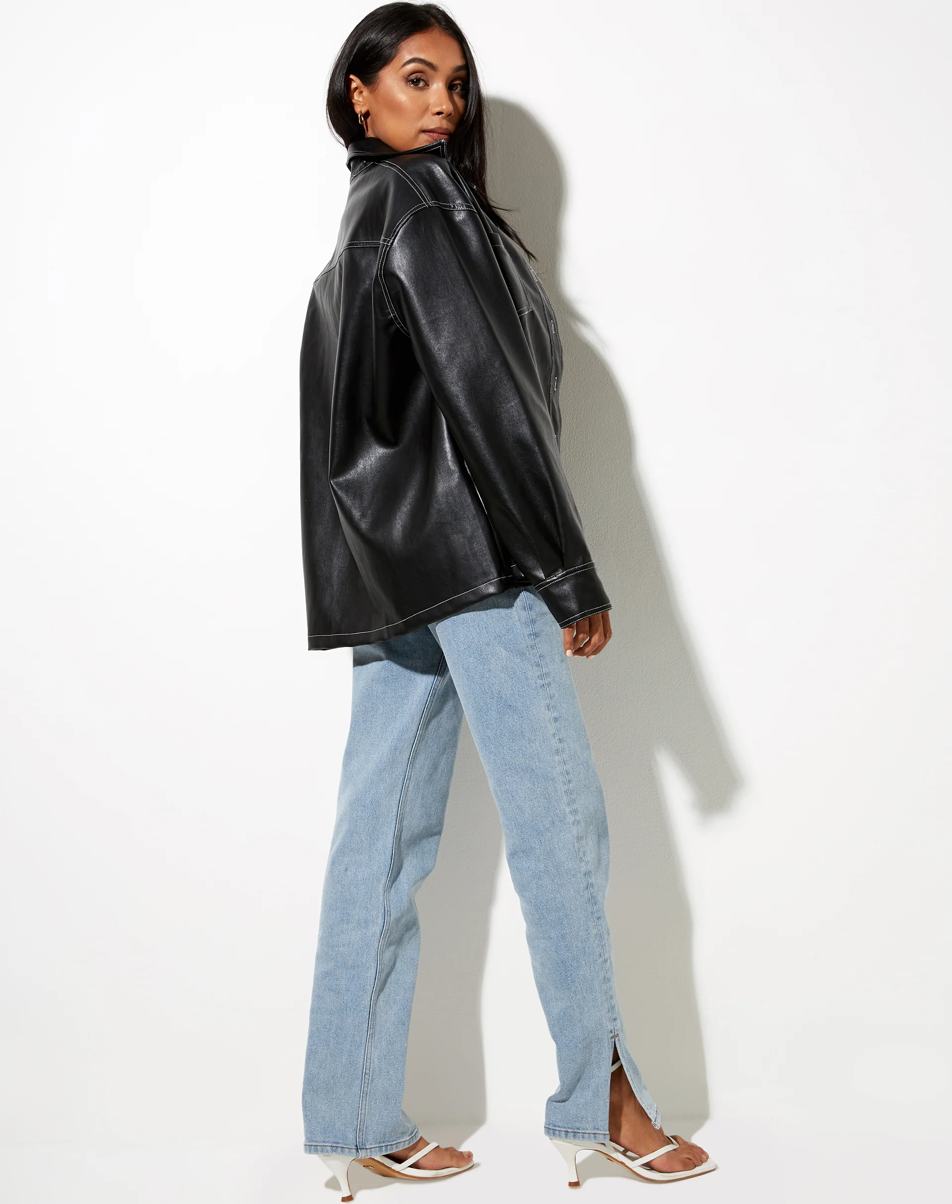 Lumberjack Shirt in PU Black with White Stitch - Image 2
