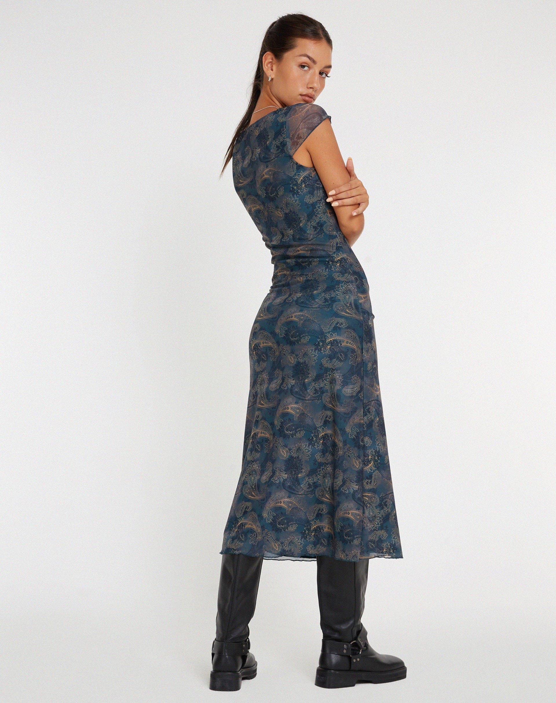 Lunama Mesh Midi Dress in Tonal Blue Paisley - Image 4