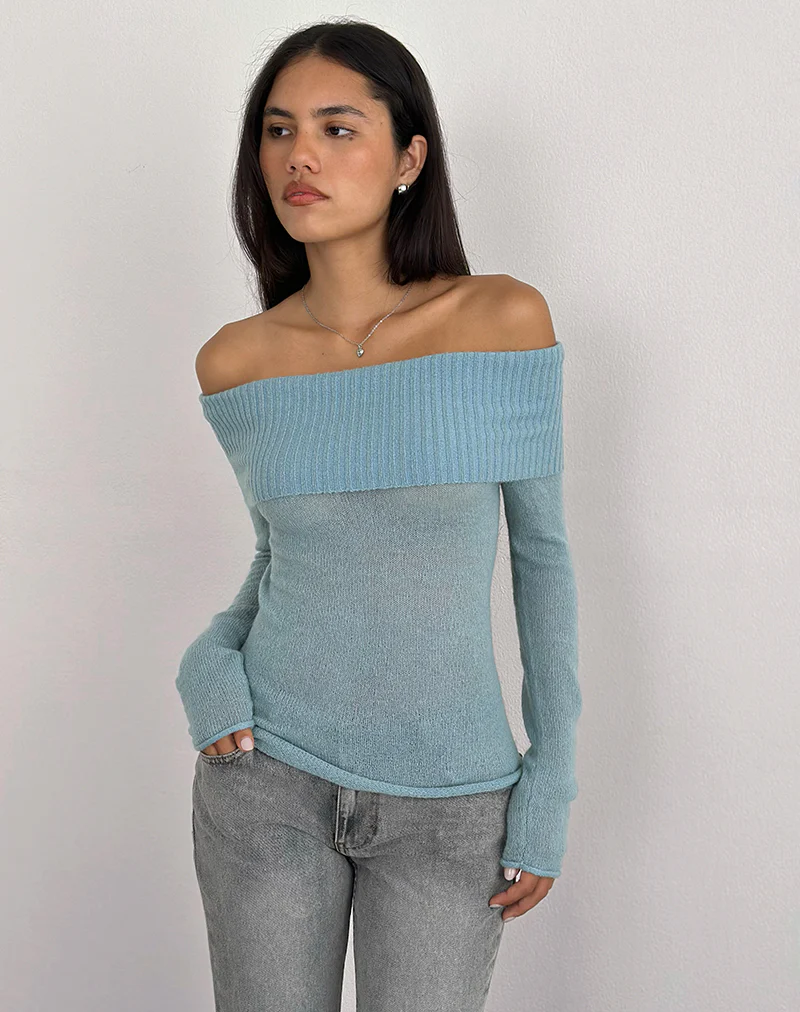 Lune Bardot Jumper in Knit Blue - Image 4