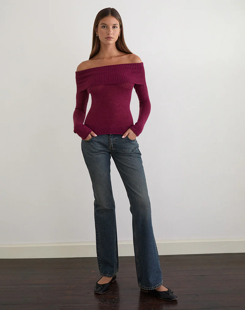 Lune Bardot Jumper in Knit Wine - Image 2