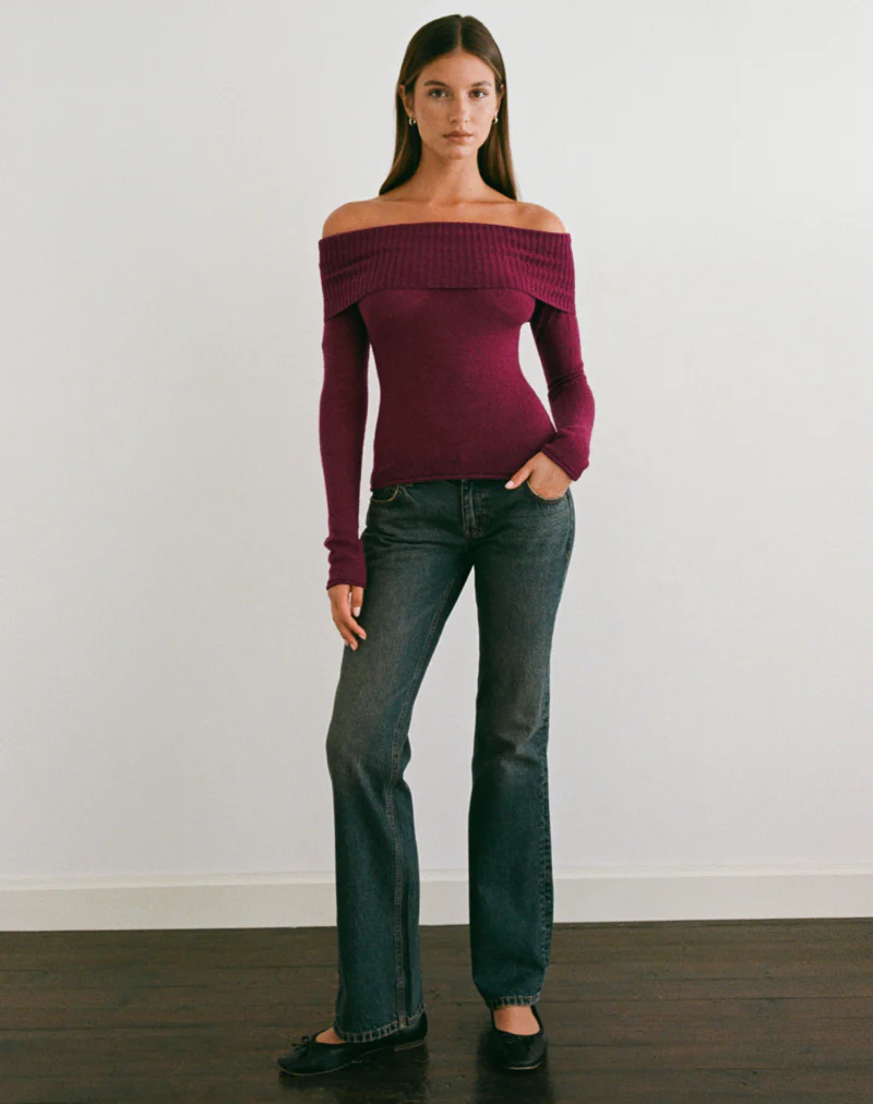 Lune Bardot Jumper in Knit Wine - Image 3