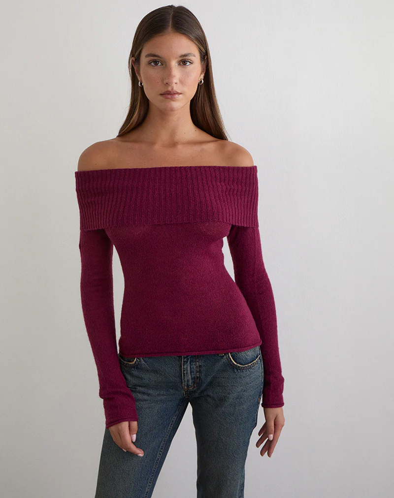 Lune Bardot Jumper in Knit Wine - Image 4