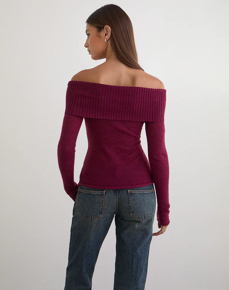 Lune Bardot Jumper in Knit Wine - Image 5