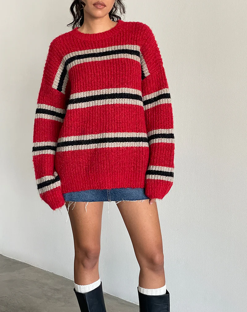 Lunet Knitted Jumper in Red and Black Stripe - Image 2