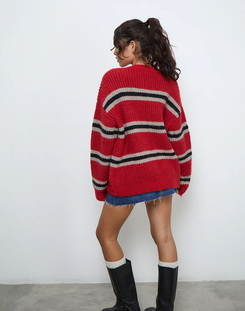 Lunet Knitted Jumper in Red and Black Stripe - Image 3