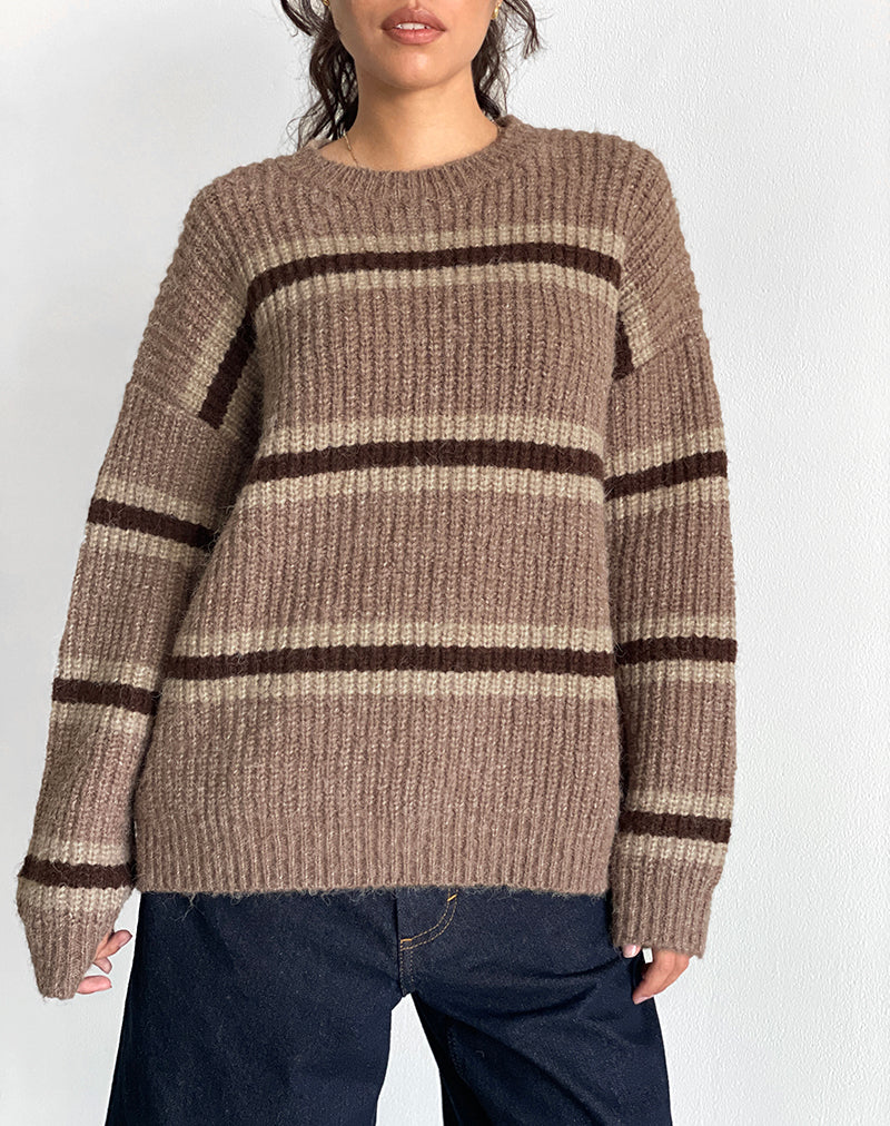 Lunet Knitted Jumper in Stripe Tonal Brown - Image 2