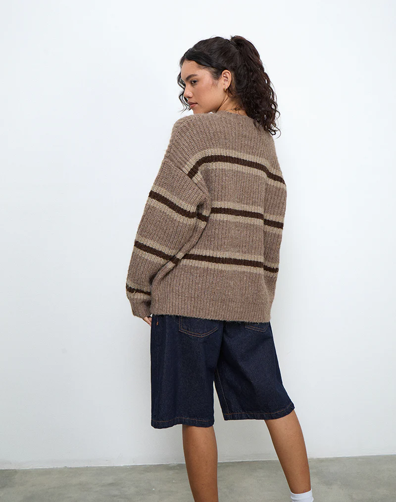 Lunet Knitted Jumper in Stripe Tonal Brown - Image 3