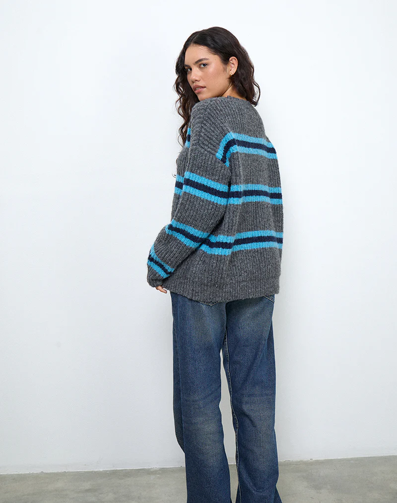 Lunet Knitted Jumper in Stripe Grey and Blue - Image 3