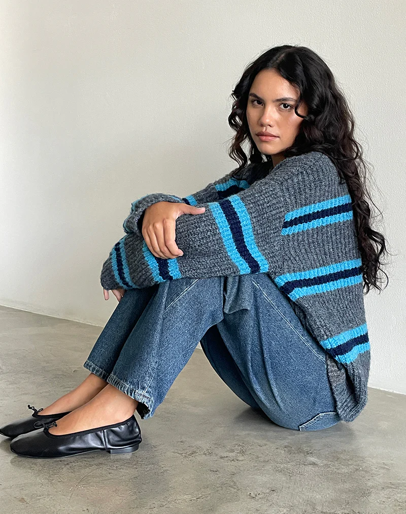 Lunet Knitted Jumper in Stripe Grey and Blue - Image 5