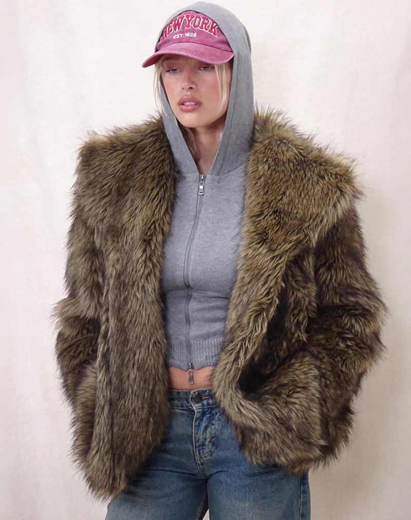 Lupita Jacket in Faux Long Fur Brown - Image 7