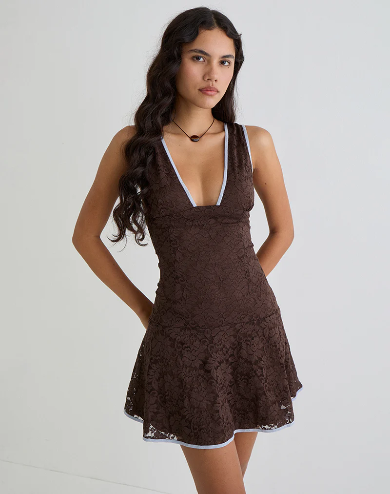 Luscian Mini Dress in Lace Chocolate with Blue Binding - Image 2