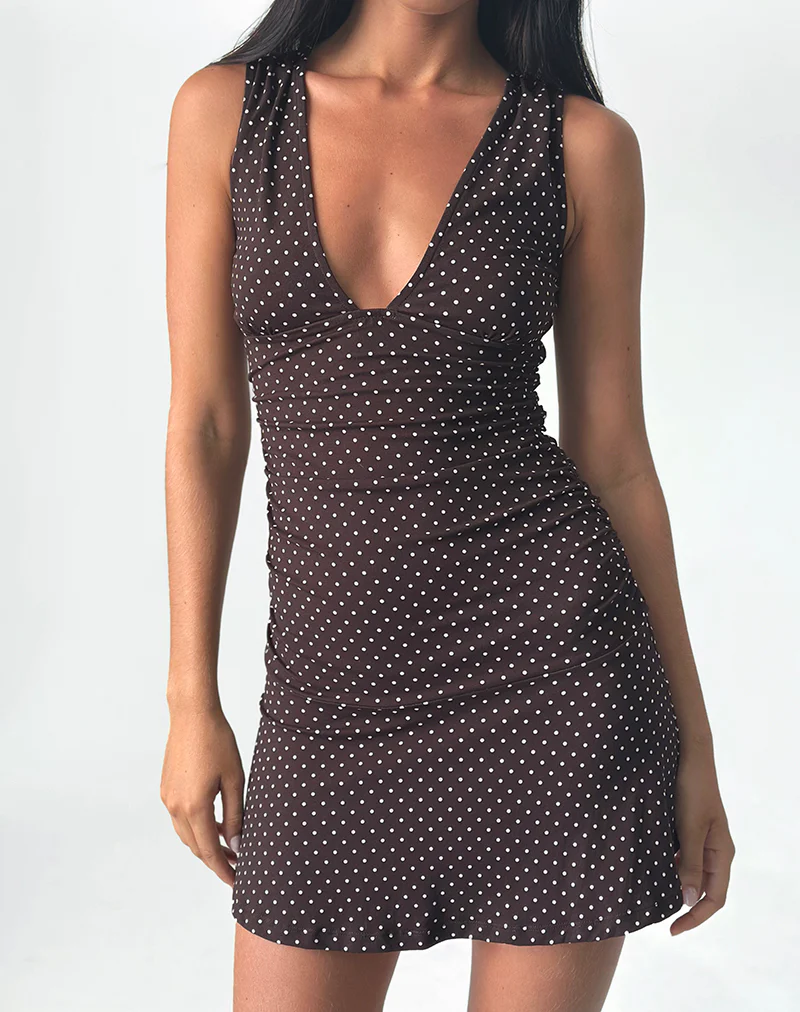 Luscian Plunge Mini Dress in Micro Polka Brown - Image 4