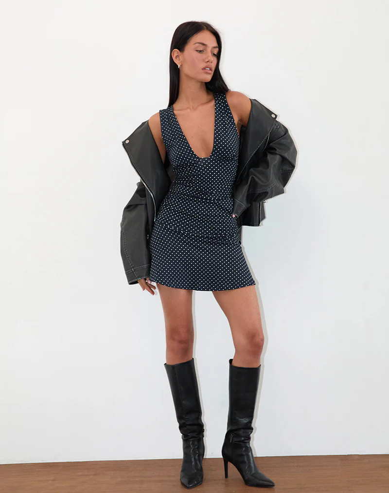 Luscian Plunge Mini Dress in Micro Polka Navy - Image 3