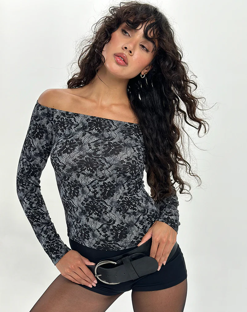 Lutana Bardot Long Sleeve Top in Midnight Floral Grey - Image 2