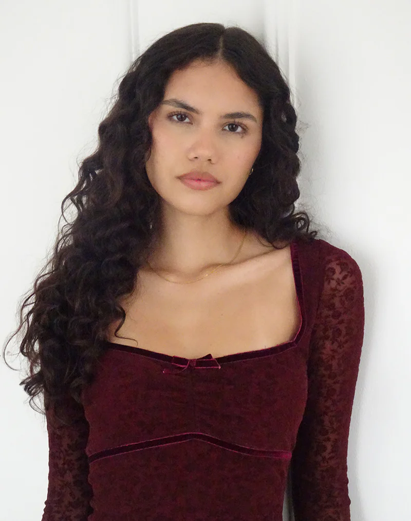 Luth Mini Dress in Ditsy Flocked Burnt Maroon - Image 4