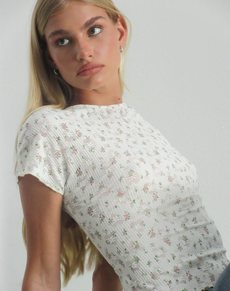 Luyu Short Sleeve Top in Floral Lace Ivory - Image 2