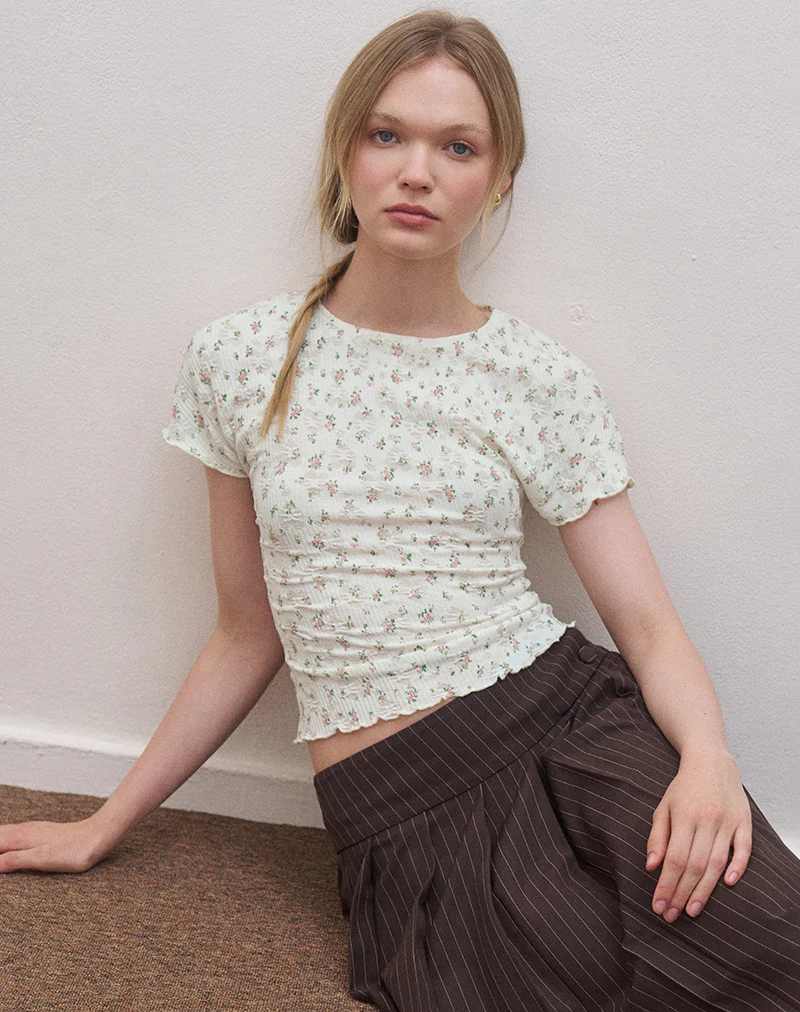 Luyu Short Sleeve Top in Floral Lace Ivory - Image 3