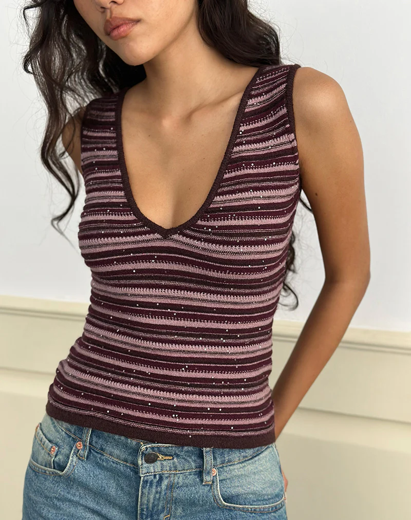 Lycia Plunge Top in Glitter Knit Striped Purple - Image 2