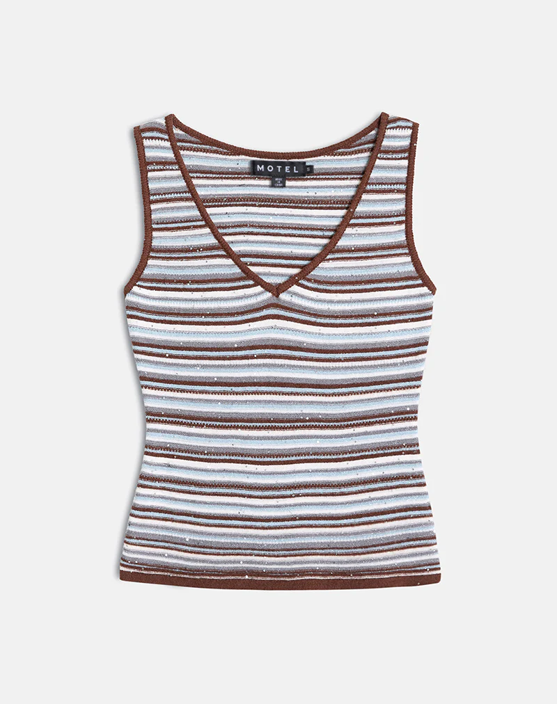 Lycia Plunge Top in Knit Stripe Blue and Brown - Image 2