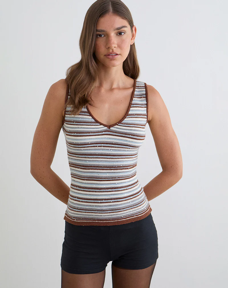 Lycia Plunge Top in Knit Stripe Blue and Brown - Image 4