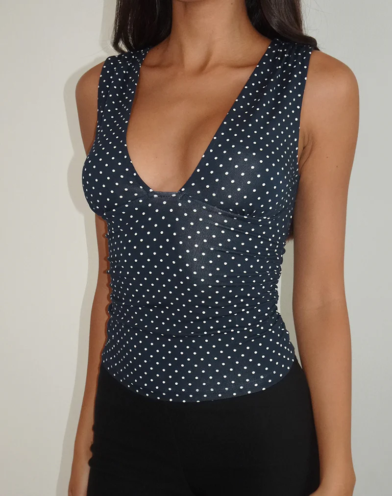 Lycia Plunge Top in Micro Polka Navy - Image 5