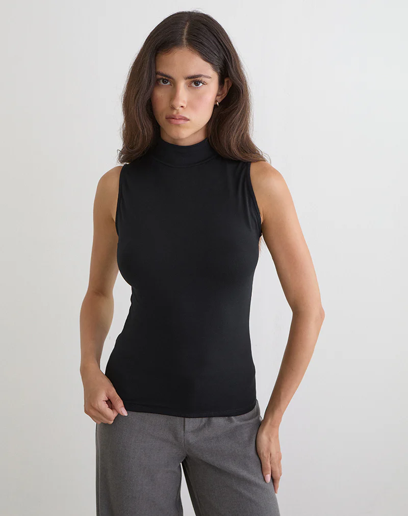 Lysan High Neck Vest Top in Jersey Black - Image 3