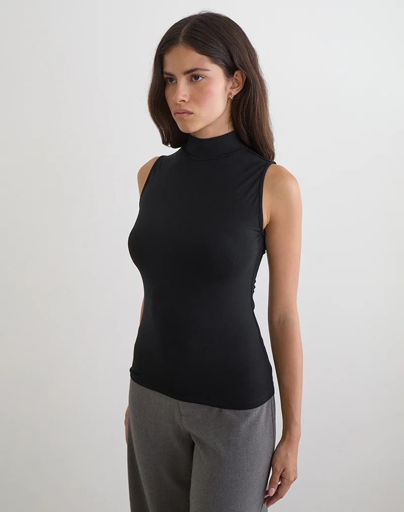 Lysan High Neck Vest Top in Jersey Black - Image 5