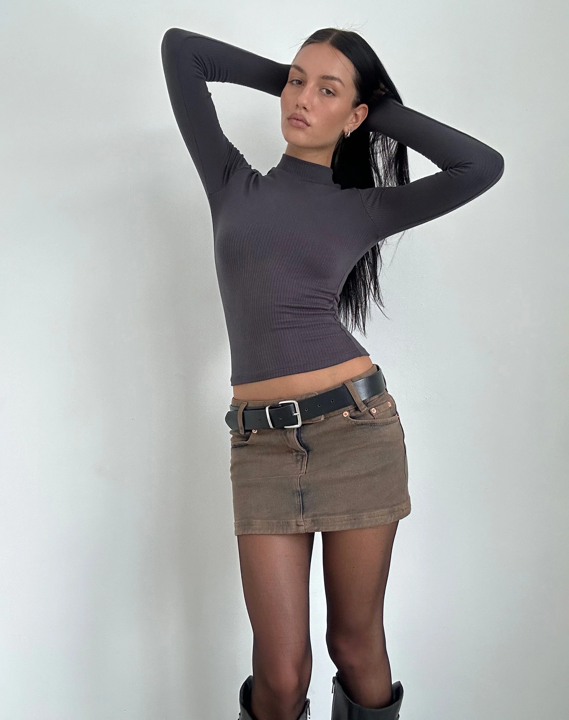 Mabel High Neck Long Sleeve Top in Rib Black Forest - Image 2