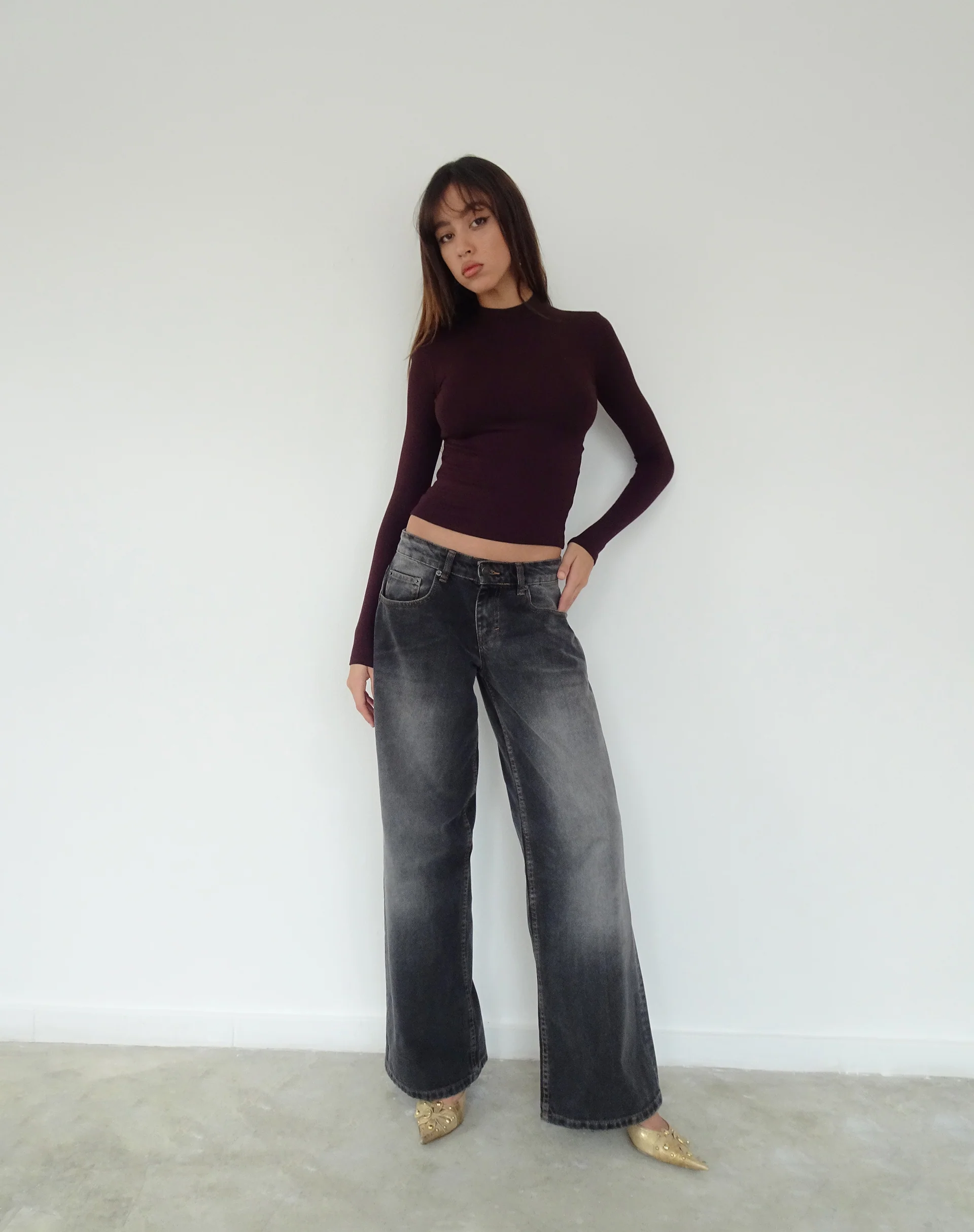 Mabel High-Neck Long Sleeve Ribbed Top in Oxblood - Image 2