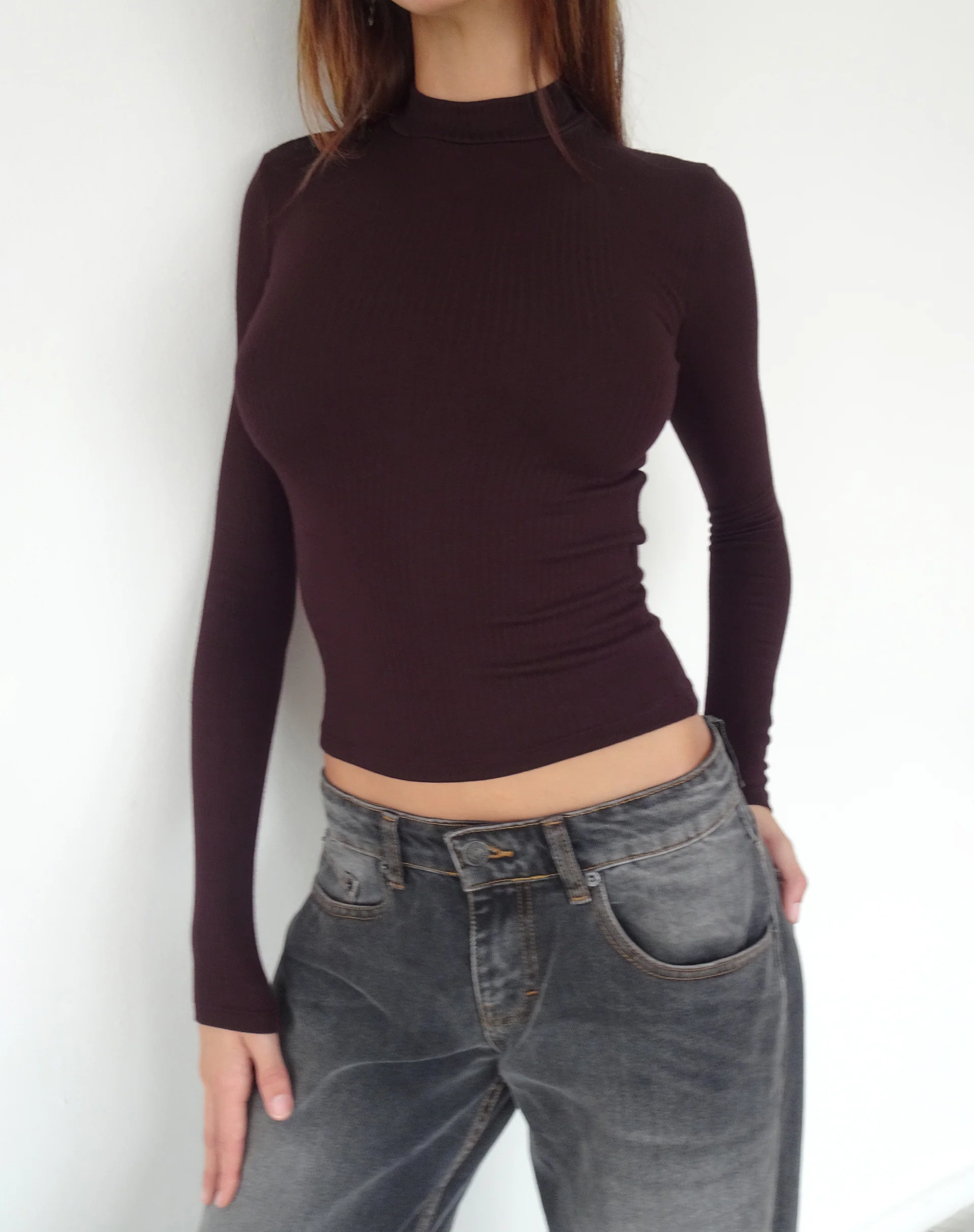 Mabel High-Neck Long Sleeve Ribbed Top in Oxblood - Image 3