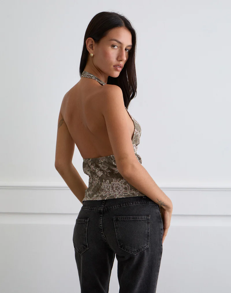 Mabli Halterneck Top in Textured Woven Floral Green - Image 5